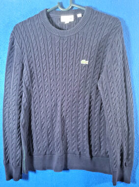 Lacoste Mens Cable Knit Sweater Size US M Regular Fit Navy Blue Pullover